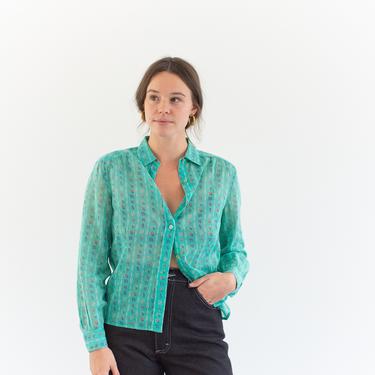 Vintage Celine Green Chain Link Blouse | Semi Sheer Cotton Designer Shirt | Made in Switzerland | XS S | 