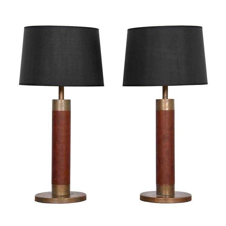 Pair of Solid Wood and Patinated Bronze Column Table Lamps