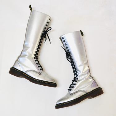 90s Dr. Martens Boots Women Size 6 Metallic Silver Boots Lace up knee high Boots// Vintage Doc Marten Silver Boots Size 5 UK Made in England 