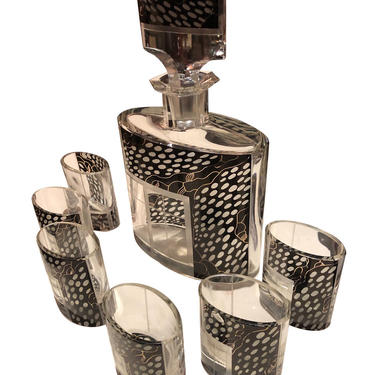 Art Deco Czech Decanter Glasses with Leopard Black Designs