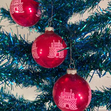 Set of 3 Shiny Brite Red Castle Holiday Ornaments (#C24) 