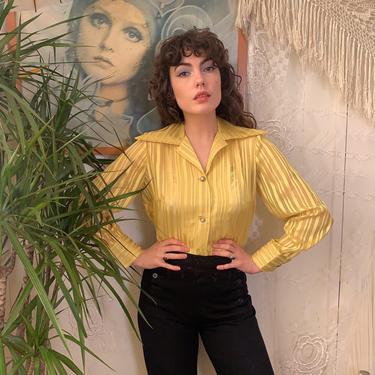 70's YELLOW STRIPED BLOUSE - rhinestone buttons - sheer - large 