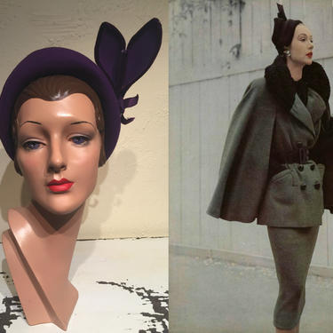 Her Distinctive Sway - Vintage 1950s Royal Purple Wool Constructed Caplet w/Large Standing Bow 