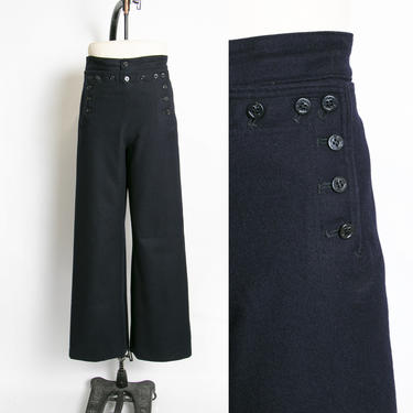 1950s Sailor Pants Wool High Wist Wide Leg Navy Trousers 40s 28&amp;quot; x 32&amp;quot; 