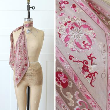 designer vintage long silk neck scarf • 1970s Oscar de la Renta chinoiserie print pink & taupe 