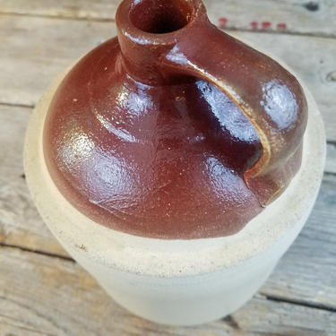Antique Brown Pottery Crock or Stoneware Moonshine Jug with Handle for Vintage Rustic Cabin Decor Country Farmhouse Americana Whiskey Shabby 