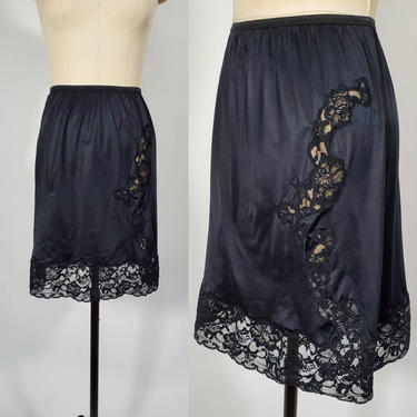 1960s Black Vanity Fair Half Slip with Peek-a-boo lace on Thigh 60's Skirt Slip 60s Lingerie Women's Vintage Size Small 