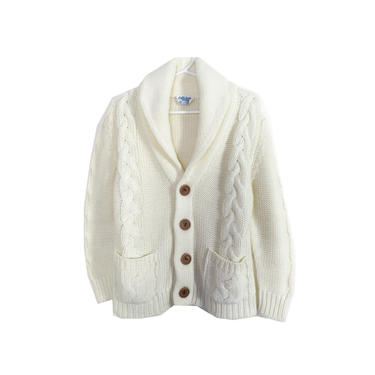 Vintage 70s Kids Ivory Cable Knit Shawl Collar Cardigan With Wood Buttons Size 6 