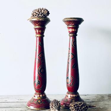 Tall Wood Candleholders | Set of Wood Candleholders | Boho | Painted | Floral | 18 inch | Candlesticks | Chippy 