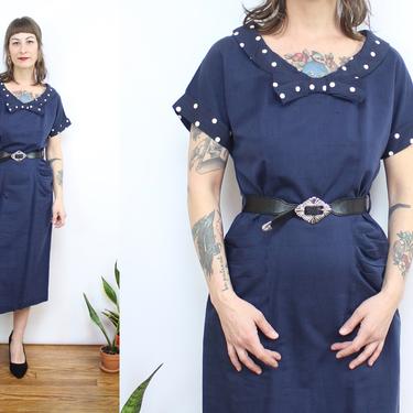 Vintage 40's 50's Navy Blue and White Polka Dot Sailor Dress / 1940's Silk Dress / Women's Size Small - Medium 