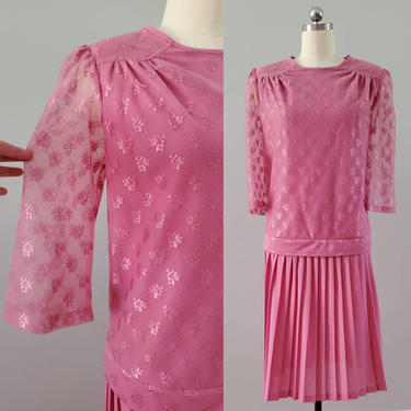 1980s Does 1920s Drop Waist Dress in Bubblegum Pink 80s Party Dress 80's Women's Vintage Size XL 