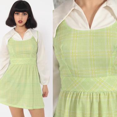 Plaid Babydoll Dress Boho Mini Long Sleeve 70s Mini Dress Green Checkered Empire Waist Dolly Vintage Extra Small xs 
