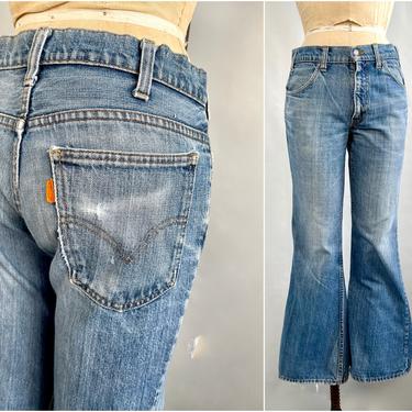 WELL WORN 70s Vintage Flared Orange Tab Levis Jeans | 1970s Distressed Broken In Denim Flare Leg Pants | Boho Hippie Rocker| Mens Waist 30&quot; 