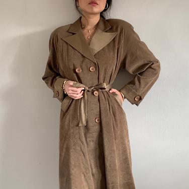 90s trench coat / vintage olive moss double breasted sueded peaked satin collar belted spy trench coat | L XL 