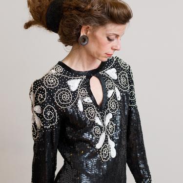 Size S/M • 1980s Black and White Sequin Beaded Dress w/Keyhole Front and Back 