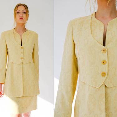 Vintage 90s Giorgio Armani Moroccan Gold Floral Brocade Vest Blazer Mini Skirt Suit Unworn NWT | Made in Italy | 1990s Armani Designer Suit 