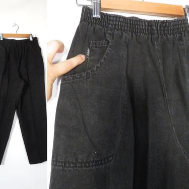 Vintage 90s Chic Black Denim Mom Jeans Deep Pocket High Waist Elastic Waist Tapered Leg Jean Size 8P M 