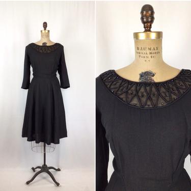 Vintage 40s dress | Vintage black crepe day dress | 1940s Black beaded dress 
