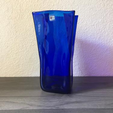 Blenko Cobalt Blue Glass 10” Paper Bag Vase by Don Shepherd 