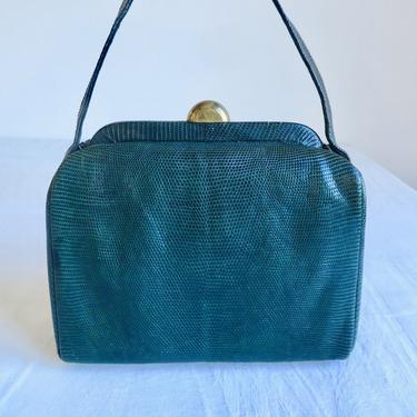 1940's 50's Green Snakeskin Leather Box Purse Structured Bag Top Handle Gold Closure Hardware 