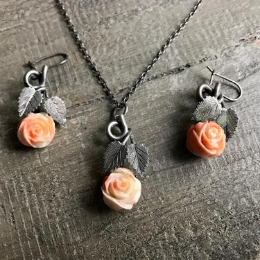 Antique Coral Necklace Set, Angel Skin Coral Carved Rose Necklace Earrings, Sterling Silver, Pendant, Earrings, Period Jewelry, Victorian 