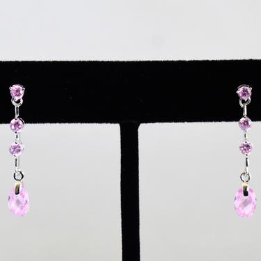 Lovely vintage sterling tourmaline bling post dangles, dainty 925 silver faceted round & teardrop pink gem swing earrings 