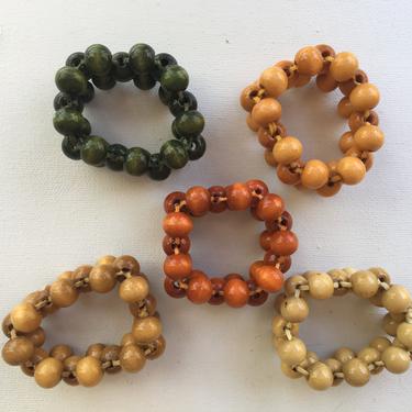 Vintage Beaded Napkin Rings, Hippie Boho, Wooden Beads, Natural Colors 