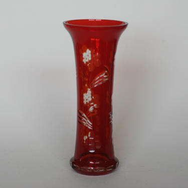 vintage bohemian cut to clear red glass vase 