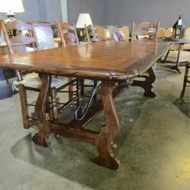 MAHOGANY EXTENDING TRESTLE  DINING TABLE WITH EIGHT LADDER BACK RUSH SEAT CHAIRS