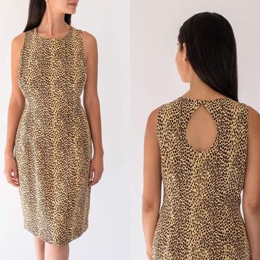 Vintage 90s Maggy London Silk Leopard Print Sheath Dress | 100% Silk | Grunge Era, Street Chic | 1990s Designer Bohemian Silk Mini Dress 