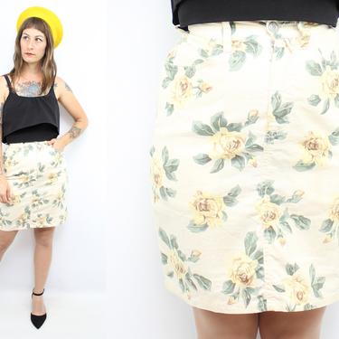 Vintage 90's Yellow Rose Linen Cotton Denim Skirt / 1990's ESPRIT Spring High Waisted Skirt / Women's Size XS / Small  / 25&amp;quot; Waist 