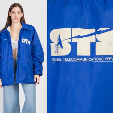 80s Skaggs Telecommunications Blue Snap Button Coat - Men's XL | Vintage Sherpa Lined Distressed Uniform Logo Jacket 