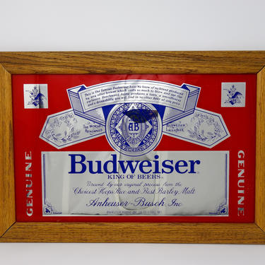 Vintage Budweiser Mirror Sign in Wood Frame, Classic Rectangular Beer Sign for Bar Wall Decor for Man Cave Rectangle Advertisement 