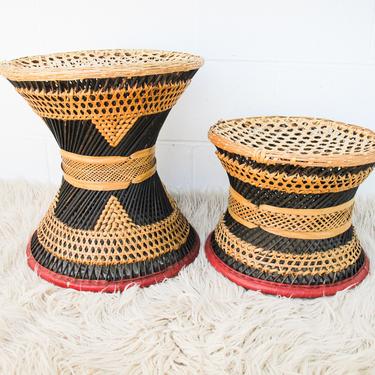 Wicker African Drum Stool with Red Leather Accents (1 Left) 
