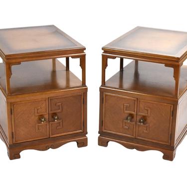 Pair Vintage Midcentury Modern Asian End Tables Nightstand Cabinets Greek Key 
