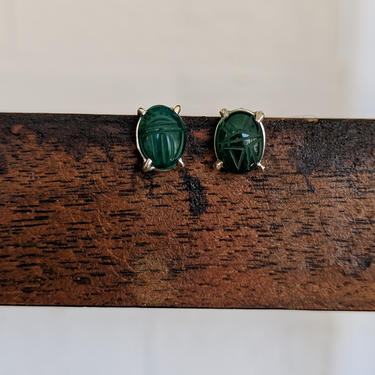 Green Onyx Scarab Amulet Stud Earrings/Silver Claw Prong Earrings/ Egypt Beetle Protection 