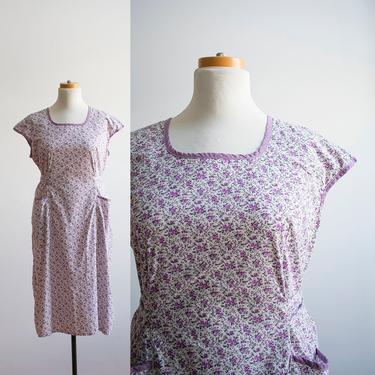Vintage 1950s Purple Floral House Dress / Vintage Farm Dress / Soft Cotton 40s Summer Dress / Hand Made Vintage Summer Dress XL / Plus Size 
