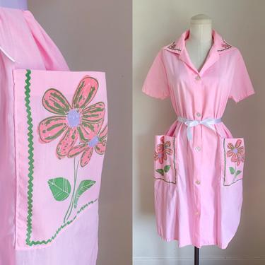 Vintage Pink Floral House Dress / L 