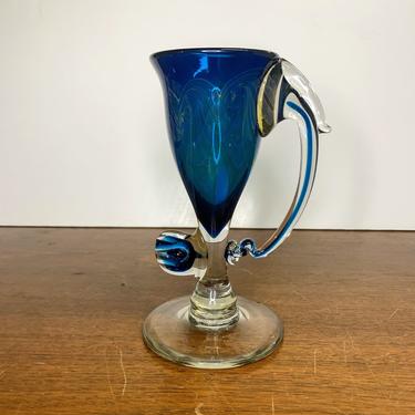 Vintage 1977 Robert Levin Studio Art Glass Vessel Elephant Blown Wine Vase Blue Signed 