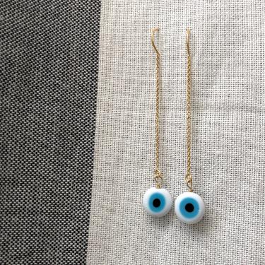 White and Blue Turkish Glass Eye Threader Earrings 