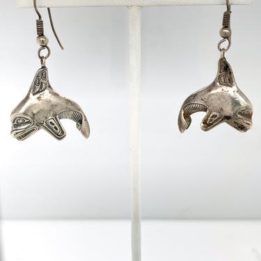 Vintage First Nations Killer Whale Orca Sterling Silver Earrings Dangle Pierced 