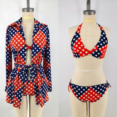 60s COLE California op art print 3 piece bikini and tie top set swimsuit bathing vintage 1960s 8 