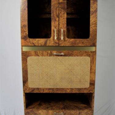 Mid Century Modern Milo Baughman Style Burlwood, Brass and Cane Wall Unit with Drop Down Desk 