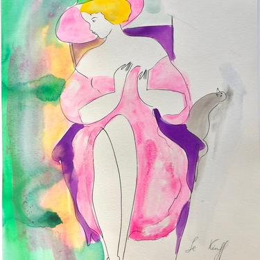 Large Linda Le Kniff Ink and Watercolor Painting Woman in Pink Dress Free Shipping 
