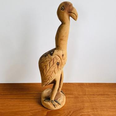 Vintage folk art carved bird statue / expressive and whimsical wooden sculpture / boho eclectic home decor 