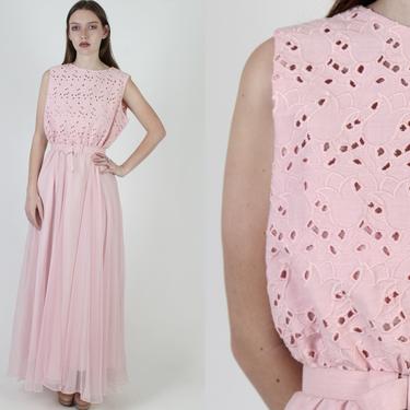 Vintage 60s Embroidered Eyelet Dress, 1960s Pale Pink Chiffon Cut Out Dress, Matching Included Belt, Womens Long Maxi Dress 