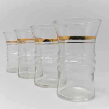 Set of 4 Tumblers | MCM Blown Glass w/ Gold Foil | Wide Mouth Cocktail Glass | Striped Water Tumbler | Mojito Rum Punch | 4x Party Glasses 