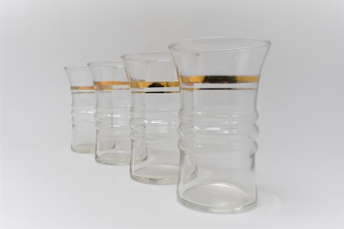Set of 4 Tumblers | MCM Blown Glass w/ Gold Foil | Wide Mouth Cocktail Glass | Striped Water Tumbler | Mojito Rum Punch | 4x Party Glasses 