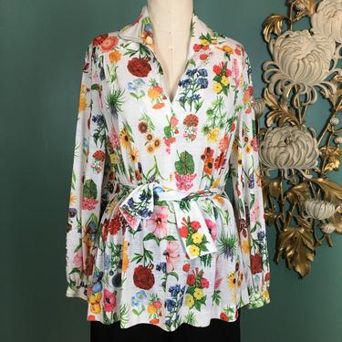 1970s tunic, vintage 70s blouse, botanical print, belted waist, size medium, white floral blouse, mod tunic, richtone, cotton jersey blend 