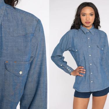 Wrangler Chambray Shirt Denim Shirt 70s Jean Shirt Pearl Snap Western 1970s Long Sleeve Vintage Cotton Button Up Cowgirl Top Men's Small 